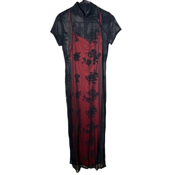 Vintage Arianna by Rachel Kaye Size 6 Black Red Velvet Burnout Mesh Maxi Dress - Picture 1 of 5